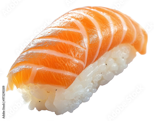 PNG Fresh salmon sushi served on white rice bed