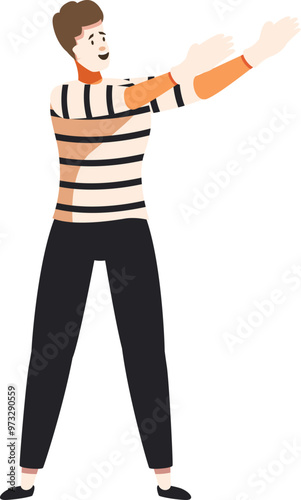 Male mime artist wearing traditional makeup and costume is gesturing with his hands while performing on stage