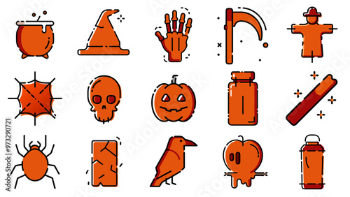 Halloween symbols include a pumpkin, skull, skeleton, and a witch's hat. The symbols are drawn in a stylized, cartoonish way