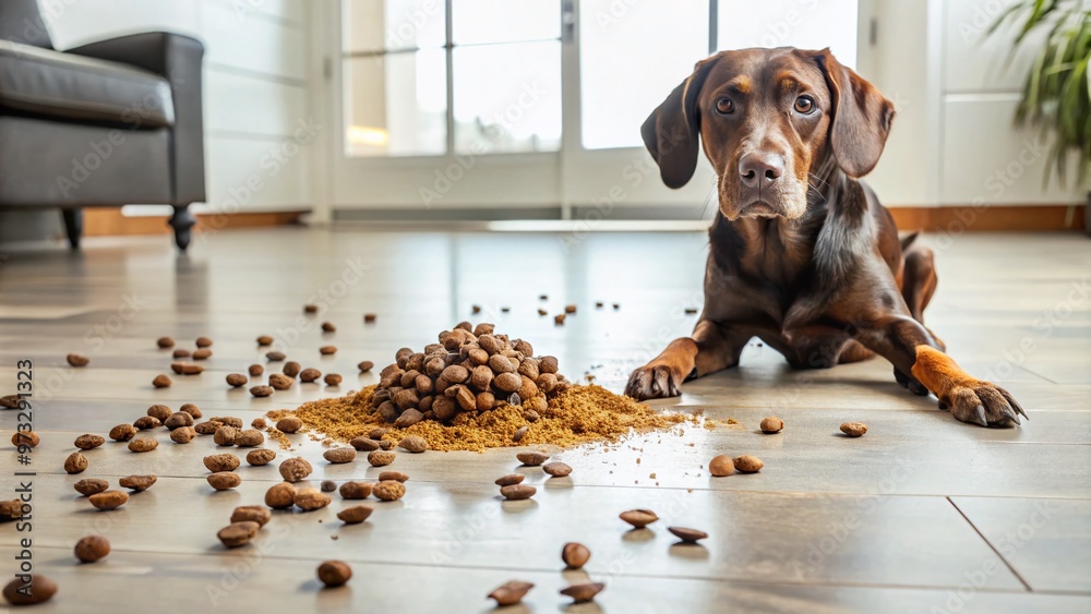 A messy, puddle-like deposit of dark brown dog vomit on a light-colored ...
