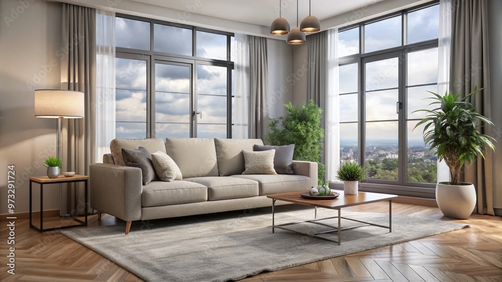 Fototapeta premium A modern living room features a sleek 50x70 inch gray area rug under a comfortable beige sofa and a large window with white curtains.