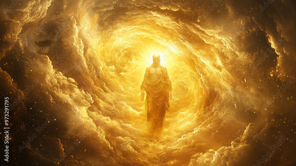 Fototapeta premium A glowing figure of God surrounded by swirling clouds radiates divine light