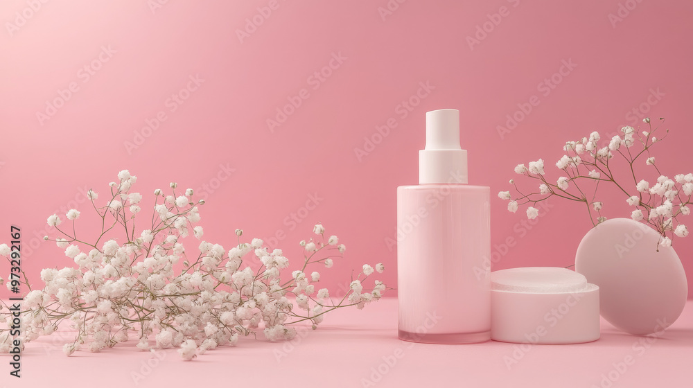 A pink background with a bottle of cosmetics, a plaster stand, and some baby's breath flowers. A pink background with a bottle of cosmetics, a plaster stand, and some baby's breath flowers.