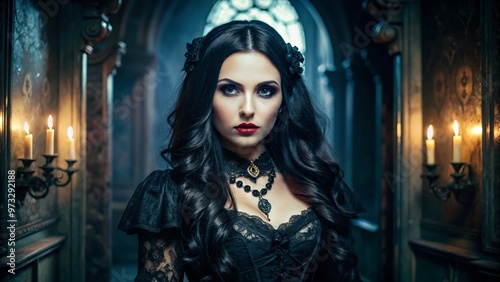 A mysterious woman with long, dark hair poses in a eerie dimly lit room, wearing a creepy Victorian-era inspired Gothic Halloween costume with lace and velvet details.
