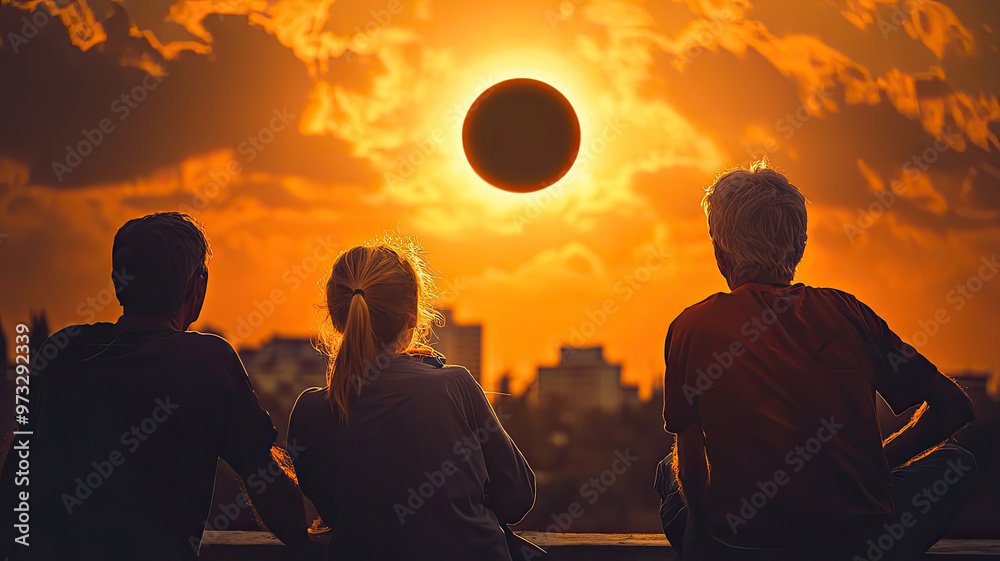A group of people looking in wonder as solar eclipse occurs A group of people looking in wonder as solar eclipse occurs