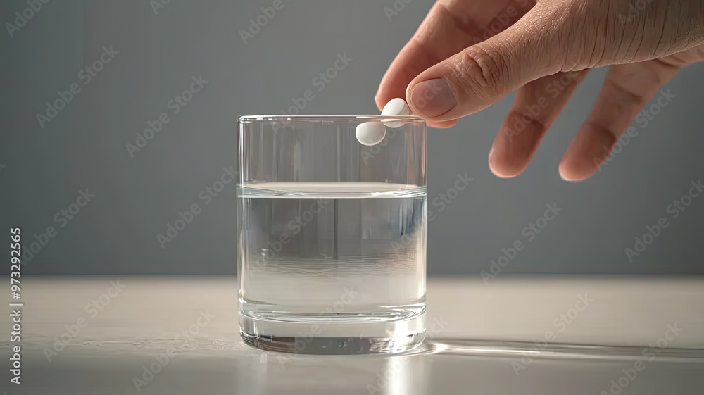 A hand gently placing pill into glass of water, creating moment of anticipation A hand gently placing pill into glass of water, creating moment of anticipation