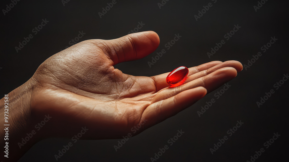 A hand holding single red pill, symbolizing choice and contemplation A hand holding single red pill, symbolizing choice and contemplation
