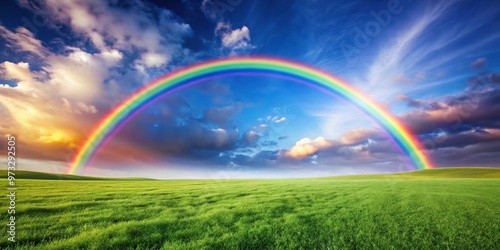 Colorful arc in the sky above open grass field