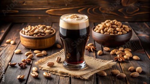 A perfectly poured dark stout beer fills a curved glass, creamy white head overflowing, surrounded by scattered pub nuts on a rustic wooden table. photo