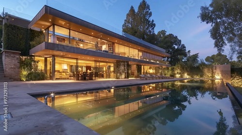 Modern Luxury Villa with Swimming Pool at Dusk
