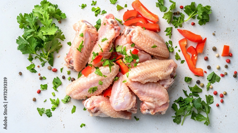 Minimalist raw chicken wings with small portions of fresh parsley and red bell pepper strips Minimalist raw chicken wings with small portions of fresh parsley and red bell pepper strips