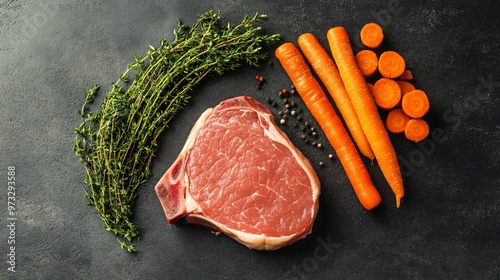 Minimalist raw pork chop with neatly arranged baby carrots and herbs photo