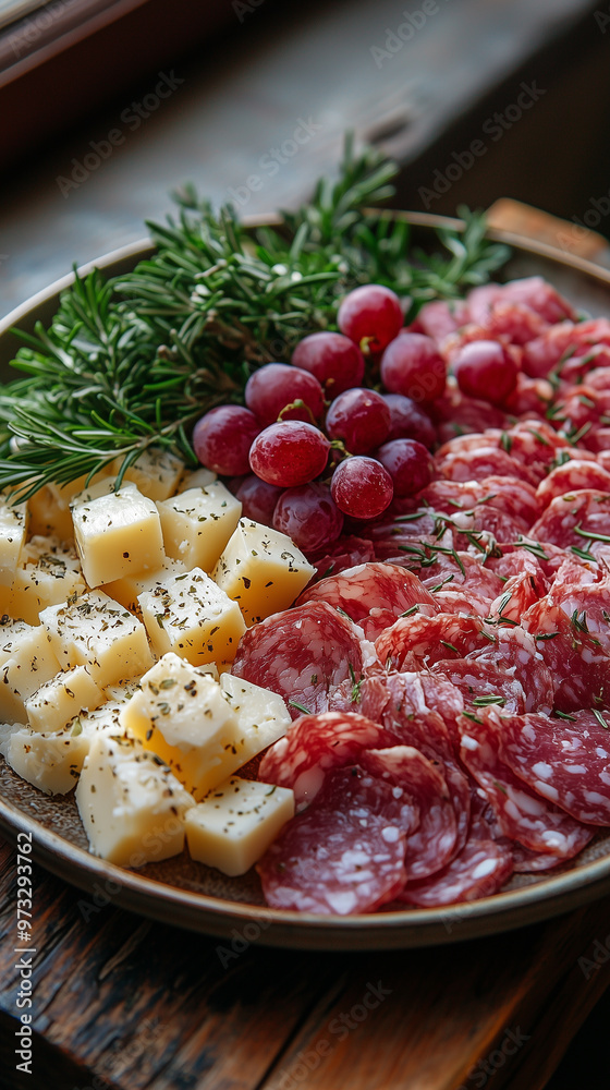 Plate with sliced meat and cheese. Aesthetic image. Plate with sliced meat and cheese. Aesthetic image.