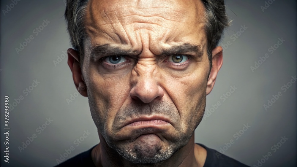 A scowling face with furrowed brows and pursed lips, conveying strong dissatisfaction and discontent, set against a A scowling face with furrowed brows and pursed lips, conveying strong dissatisfaction and discontent, set against a