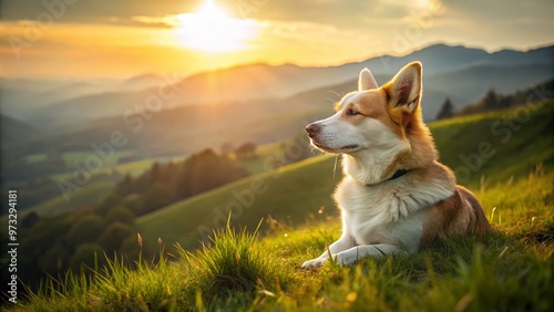A serene and gentle canine companion kneels on a soft green grassy hill, its ears perked up and