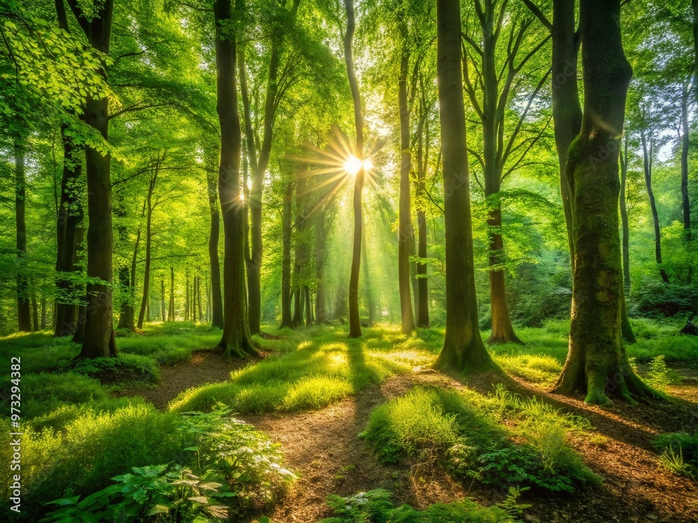 Obraz premium A serene and tranquil atmosphere pervades a lush, vibrant green forest, where dappled sunlight filters through dense
