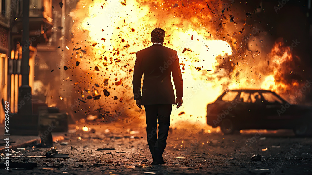 A man in suit walks away from dramatic explosion, showcasing powerful scene A man in suit walks away from dramatic explosion, showcasing powerful scene