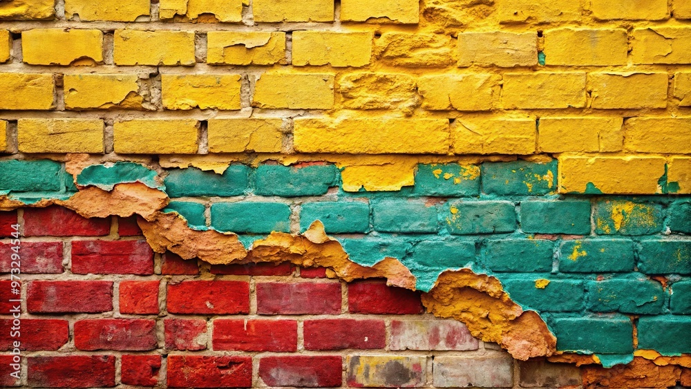Fototapeta premium Colorful brick wall, peeling paint, yellow base silhouette