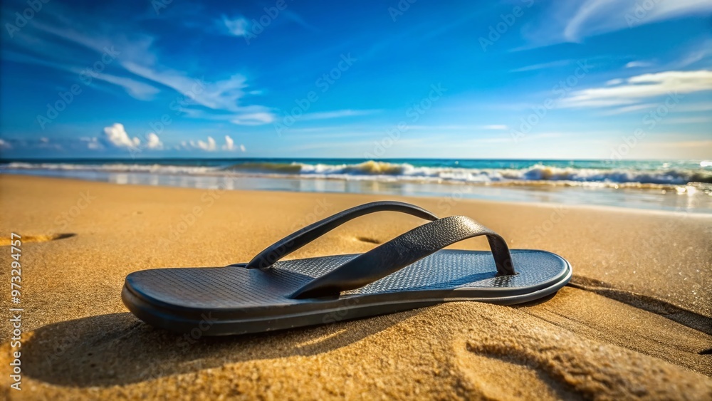 A single, sleek black flip flop lies isolated on a warm, sun-kissed sandy beach, its straps relaxed, awaiting the return of its absent owner. A single, sleek black flip flop lies isolated on a warm, sun-kissed sandy beach, its straps relaxed, awaiting the return of its absent owner.