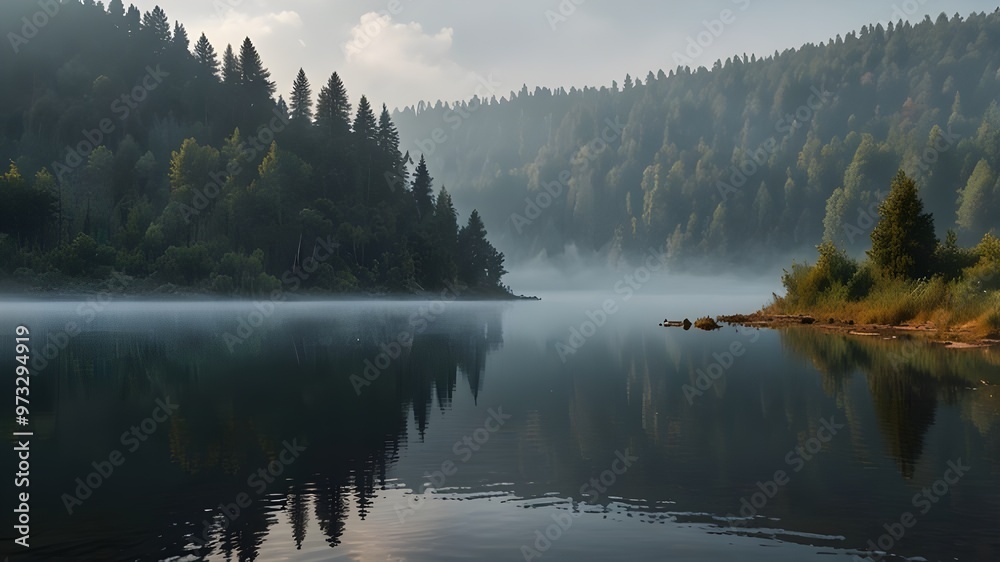 Fototapeta premium Misty Morning at Lacu Rosu Lake Generative A