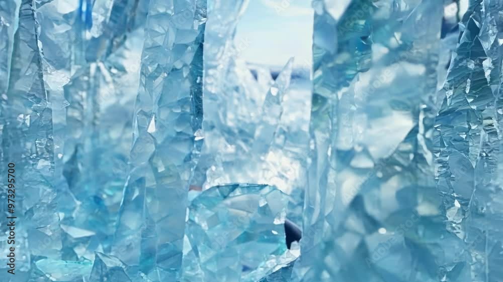 Businessman sitting in a private jet and looking out the window at the frozen lake with large ice shards in the foreground