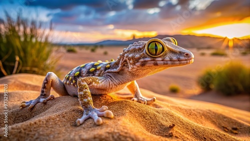 Fototapeta Naklejka Na Ścianę i Meble -  A small, spiky-scaled dune gecko perches alertly on a sandy ridge, its bright yellow eyes scanning the arid desert landscape at sunset.