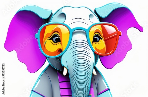small elephant in large glasses on a white background. 3d cartoon illustration.