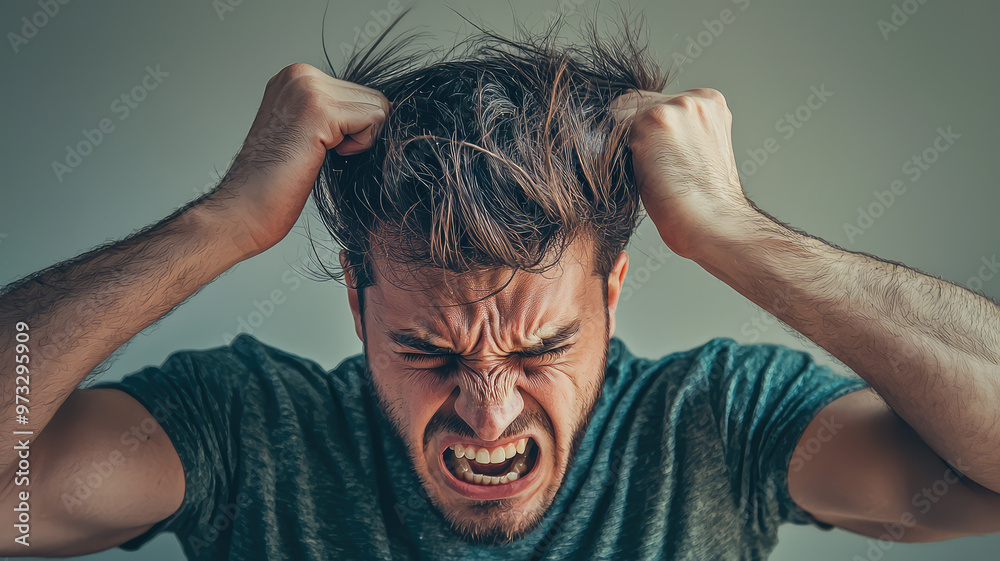 Frustration and anger are evident as man pulls at his hair in distress Frustration and anger are evident as man pulls at his hair in distress