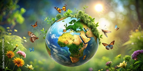 Fototapeta Naklejka Na Ścianę i Meble -  Earth's Embrace A 3D Rendering of a Lush Planet Adorned with Butterflies, Earth Day, Green Planet, Climate Change, Sustainability