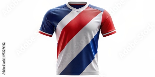 Front View of a Red, White and Blue Jersey with Diagonal Stripes, Jersey Design, Sportswear, Soccer Jersey, Football Kit photo