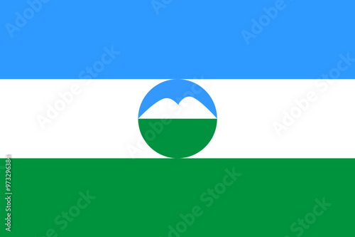 Flag of Kabardino-Balkarian Republic (Russian Federation, Russia)  Kabardino Balkaria, tricolor of light blue, white, and green with a Mount Elbrus charge in the center