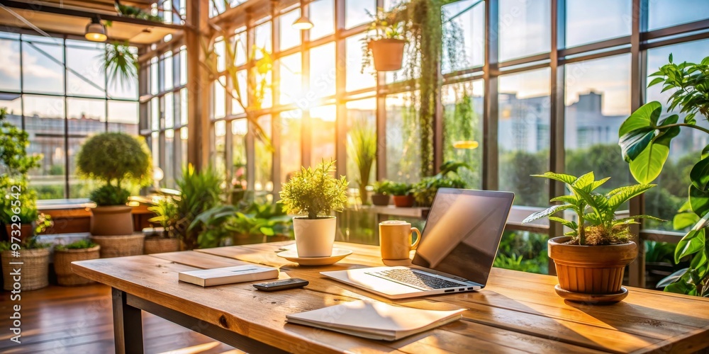 Laptop and Plants in a Sunlit Greenhouse, Laptop, Plants, Greenhouse, Workspace Laptop and Plants in a Sunlit Greenhouse, Laptop, Plants, Greenhouse, Workspace