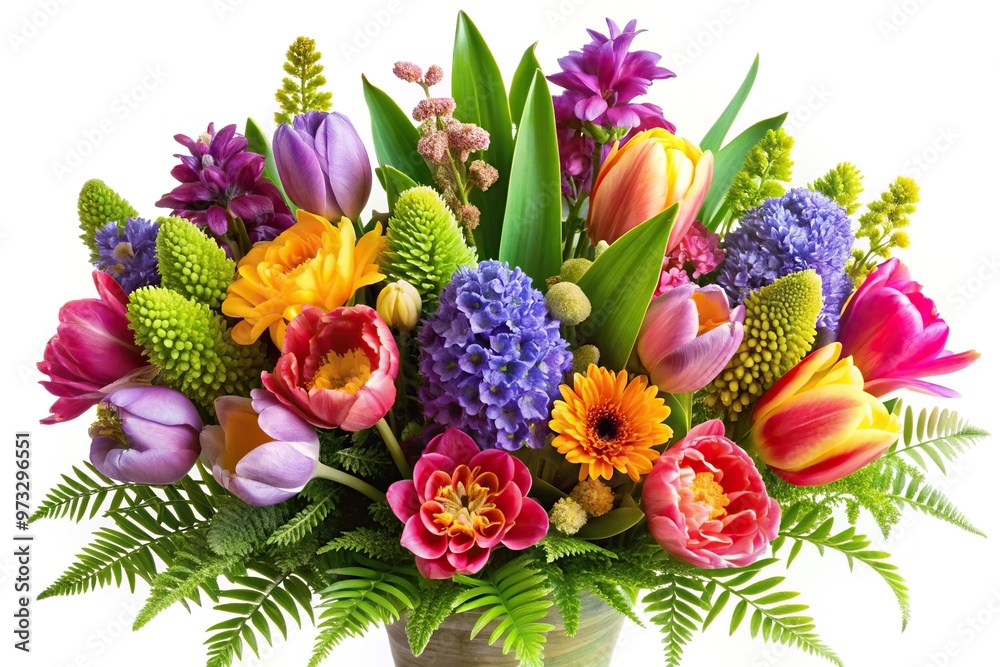 Colorful flower arrangement against white background Colorful flower arrangement against white background