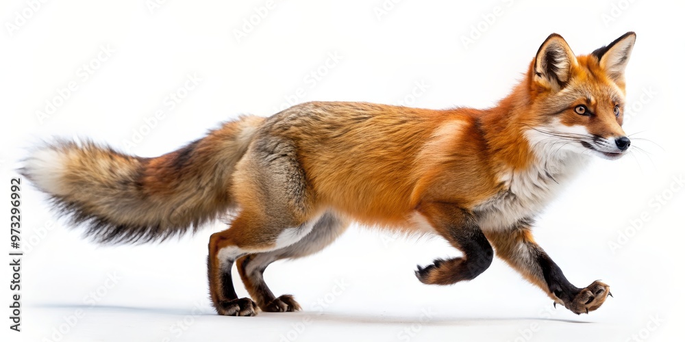 Fototapeta premium Red Fox Running Isolated on White Background, animal, wildlife, mammal, predator