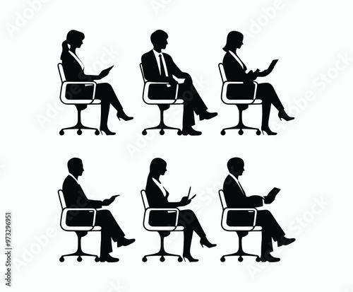 Business people sitting men and women silhouette EPS vector template