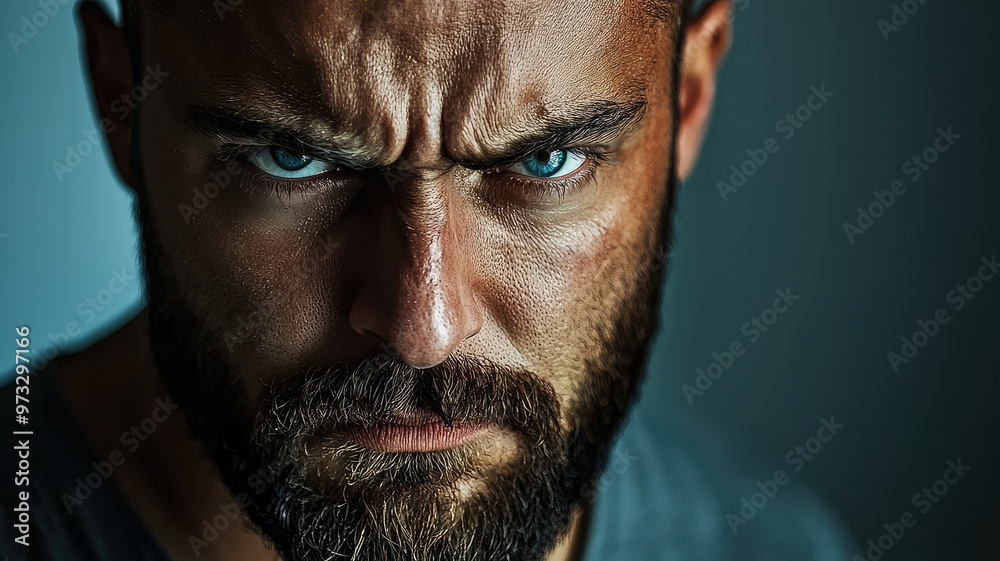 Intense man with an angry expression staring directly at camera Intense man with an angry expression staring directly at camera
