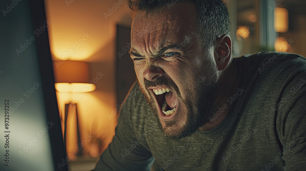 Angry man yelling at computer screen in dimly lit room, expressing frustration Angry man yelling at computer screen in dimly lit room, expressing frustration