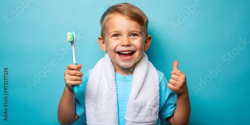 Smiling Boy Holding Toothbrush and Giving Thumbs Up, One boy, toothbrush, thumbs up, blue background, oral hygiene, dental care, kid, smile