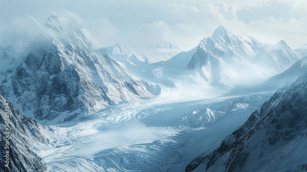 Obraz premium A massive glacier cutting through remote mountain landscape, showcasing natures beauty