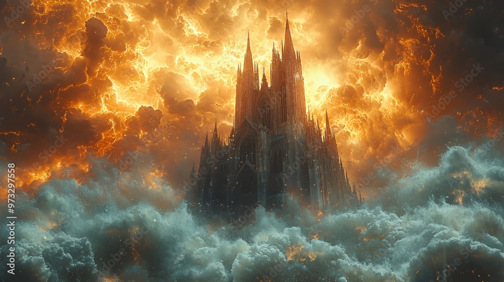 A gothic cathedral rises from a fiery sky, surrounded by swirling clouds. A gothic cathedral rises from a fiery sky, surrounded by swirling clouds.
