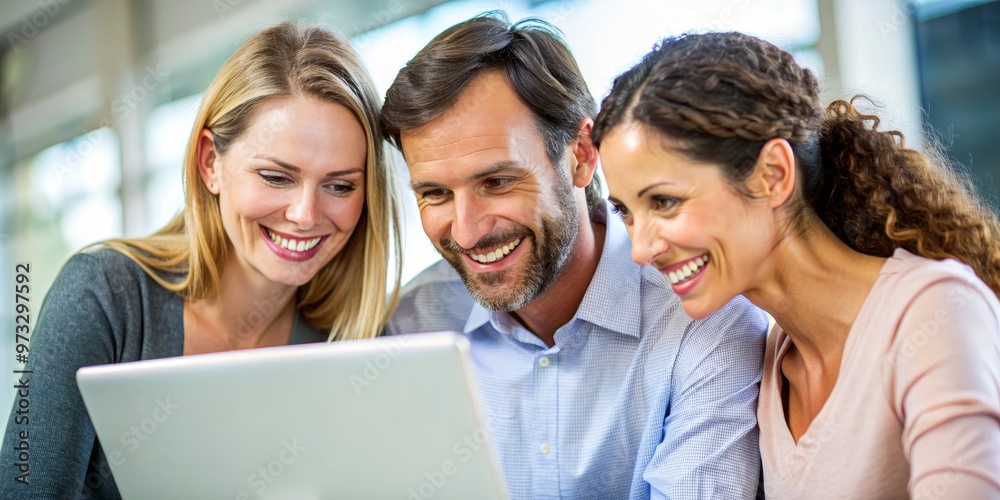 Three friends sharing a laugh while looking at a laptop, Teamwork, Collaboration, Business, Technology, Friendship