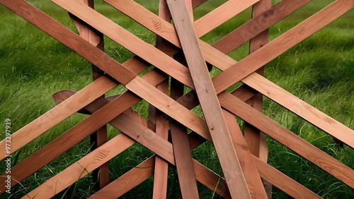 Full frame of wooden planks and grass background