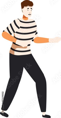 Male mime artist is walking and gesturing during his pantomime show on white background