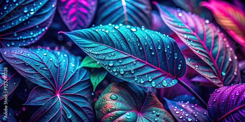 Colorful leaves and raining rain with neon realism tropical baroque mysterious backdrops, junglepunk, dark purple, light cyan fisheye effect photo