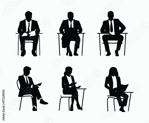 Business people sitting men and women silhouette EPS vector template