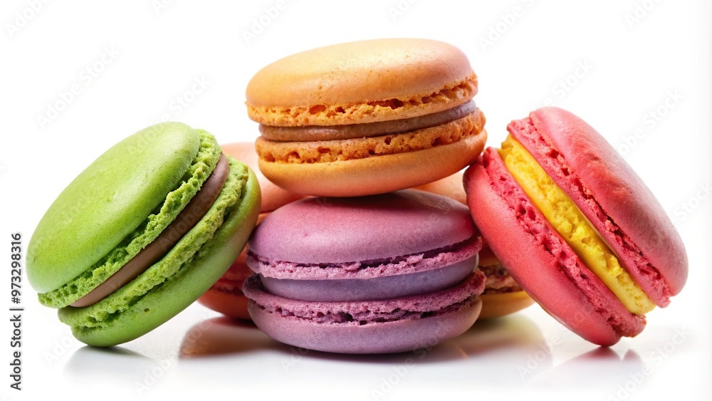 Colorful macaroons on tilted angle isolated on white background Colorful macaroons on tilted angle isolated on white background