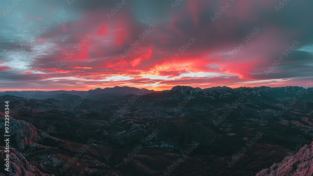 A breathtaking panoramic shot of mountain range at sunset, showcasing vibrant colors and dramatic skies A breathtaking panoramic shot of mountain range at sunset, showcasing vibrant colors and dramatic skies