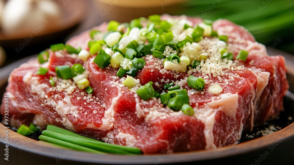 Raw pork shoulder with minimalist portions of garlic and chopped green onions Raw pork shoulder with minimalist portions of garlic and chopped green onions