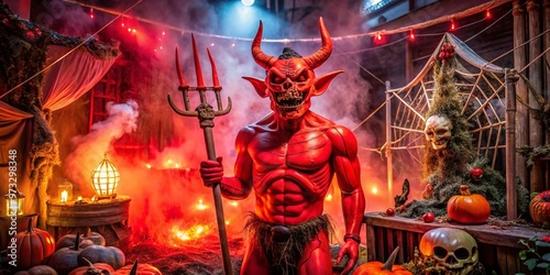 A spooky seasonal display features a giant, glowing red devil statue with horns and pitchfork, surrounded by cobwebs, photo