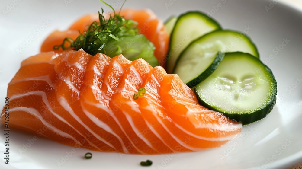 Raw salmon sashimi with minimalist accents of cucumber slices and pickled ginger